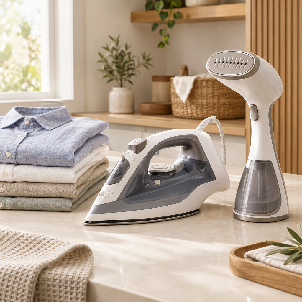 Iron and garment steamer with folded linens